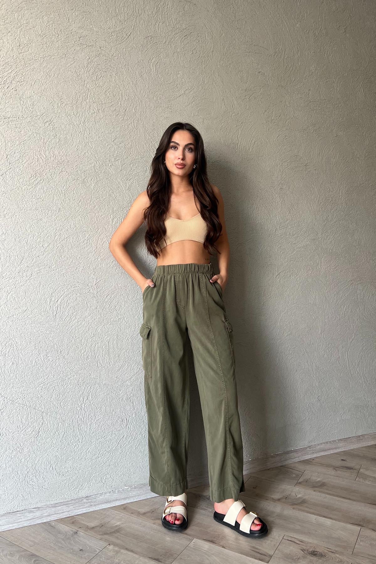 Haki Dikiş Detaylı Kargo Cepli Beli Lastikli Pantolon SY-1863-Haki