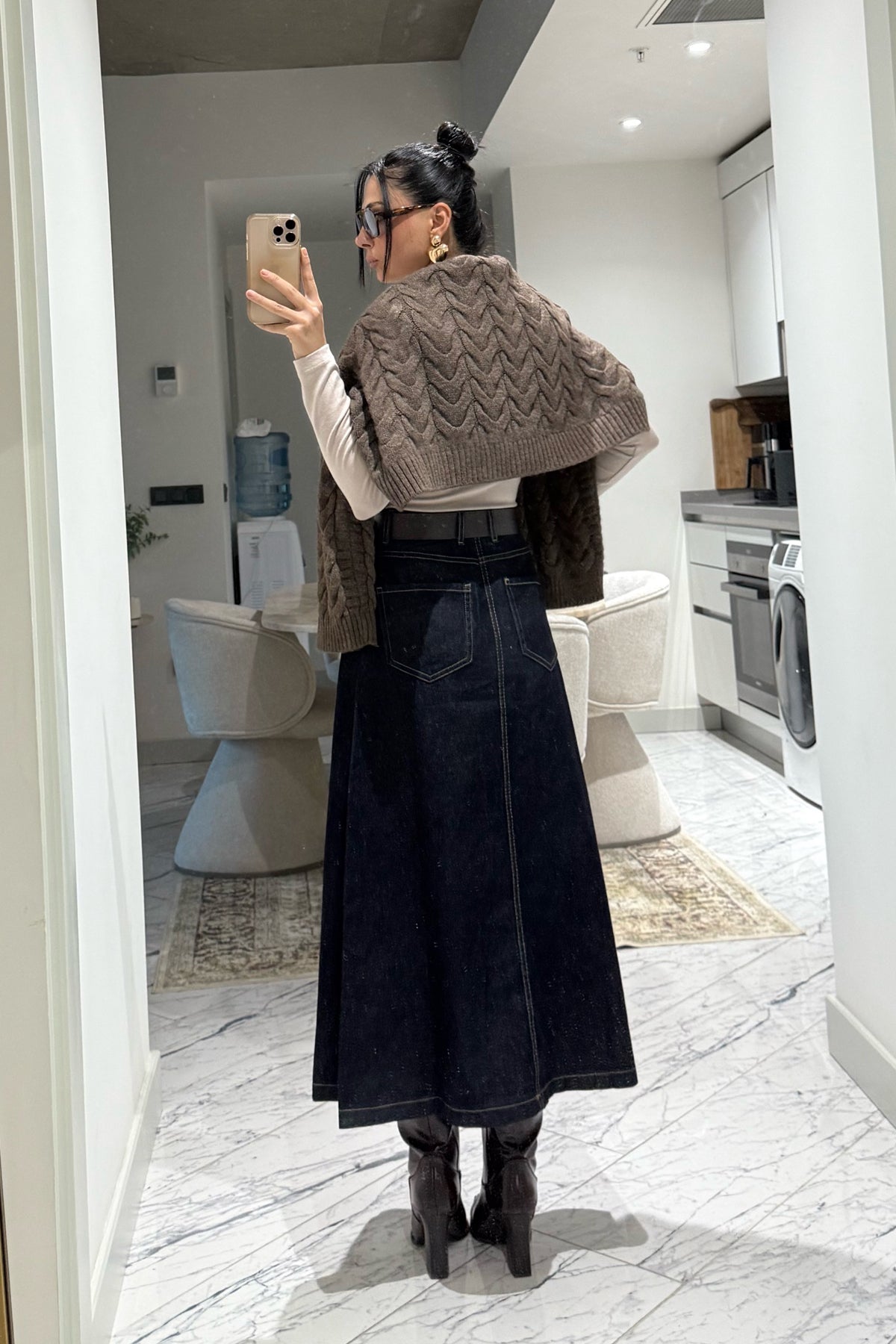 Lacivert A Kesim Kemerli Midi Kot Etek SY-3491-Lacivert