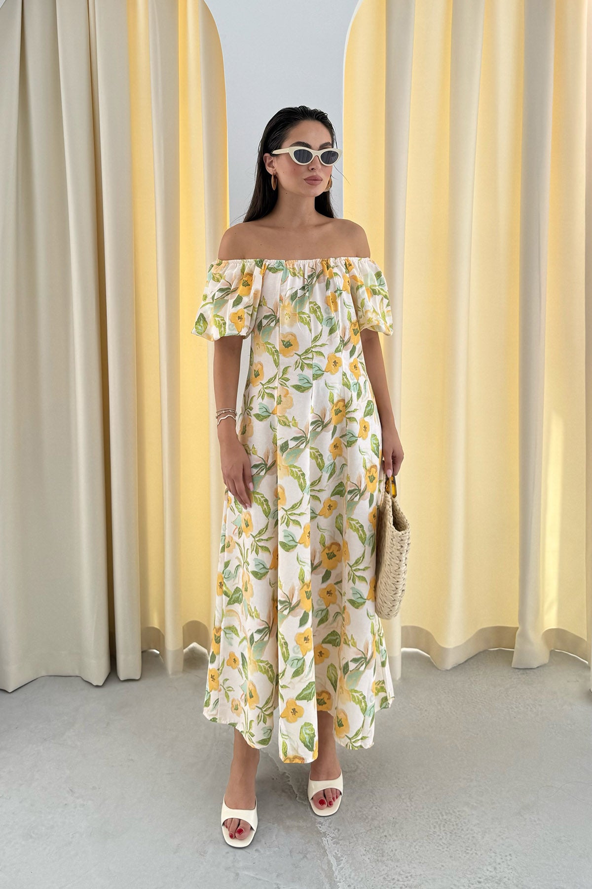 Çiçek Desenli Balon Kollu Keten Elbise SY-3309-Desenli