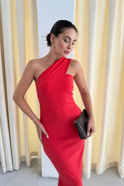 Kırmızı Tek Omuz Midi Boy Elbise SY-3296-Kırmızı