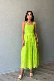 Yağ Yeşil Askı Aparat Detaylı Brode Elbise SY-2036-Yağ Yeşil