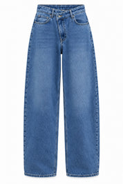 Mavi Asimetrik Bel Detaylı Barrel Jean SY-3895-Mavi