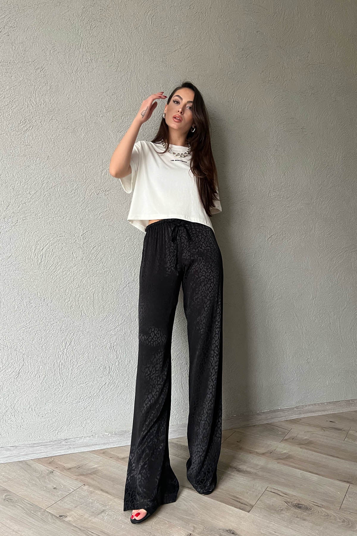 Siyah Leopar Desenli Jakarlı Bol Paça Pantolon SY-1686-Siyah