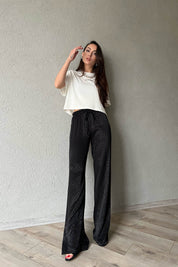 Siyah Leopar Desenli Jakarlı Bol Paça Pantolon SY-1686-Siyah