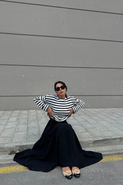 Ekru Siyah Çizgili Kolu Katlama Dikişli Uzun Kollu Triko SY-2505-Ekru