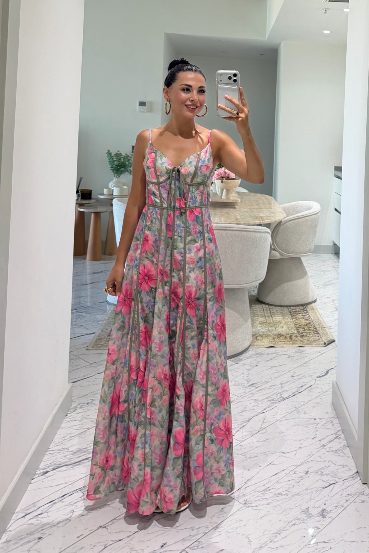 Korse Formlu Biyeli Çiçek Desenli Maxi Elbise SY-3787-Pembe