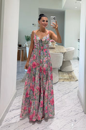 Korse Formlu Biyeli Çiçek Desenli Maxi Elbise SY-3787-Pembe