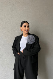 Siyah Broş Detay Ceket ve Palazzo Pantolon Takım SY-1568-Siyah