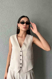 Bej Krep Yelek Bermuda Şort Takım SY-1998-Bej