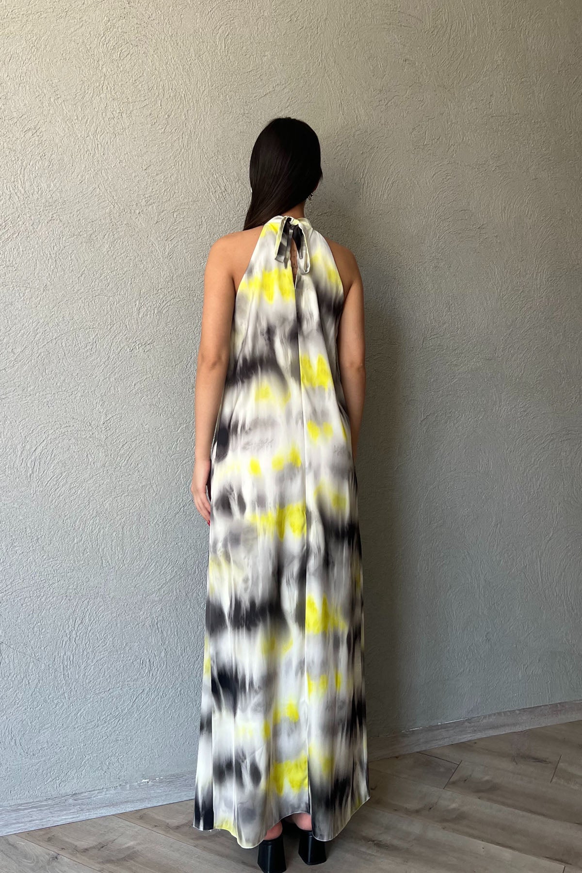 Sarı Çok Renkli Halter Yaka Uzun Elbise SY-2021-Sarı