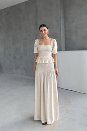 Taş Gipeli Keten Bluz ve Etek Takım SY-3238-Taş