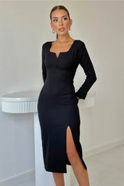 Siyah Arkası Pencere Detaylı Önü Yırtmaçlı Midi Elbise SY-1622-Siyah