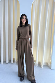 Kahverengi Rahat Kesim Pile Detaylı Eşofman Alt Ve üst Takım SY-3435-Kahverengi