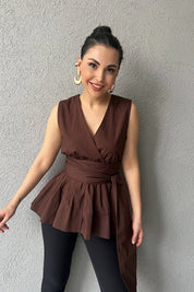 Kahve Sıfır Kol Poplin Bağlama Detaylı Marka Bluz SY-2981-Kahve