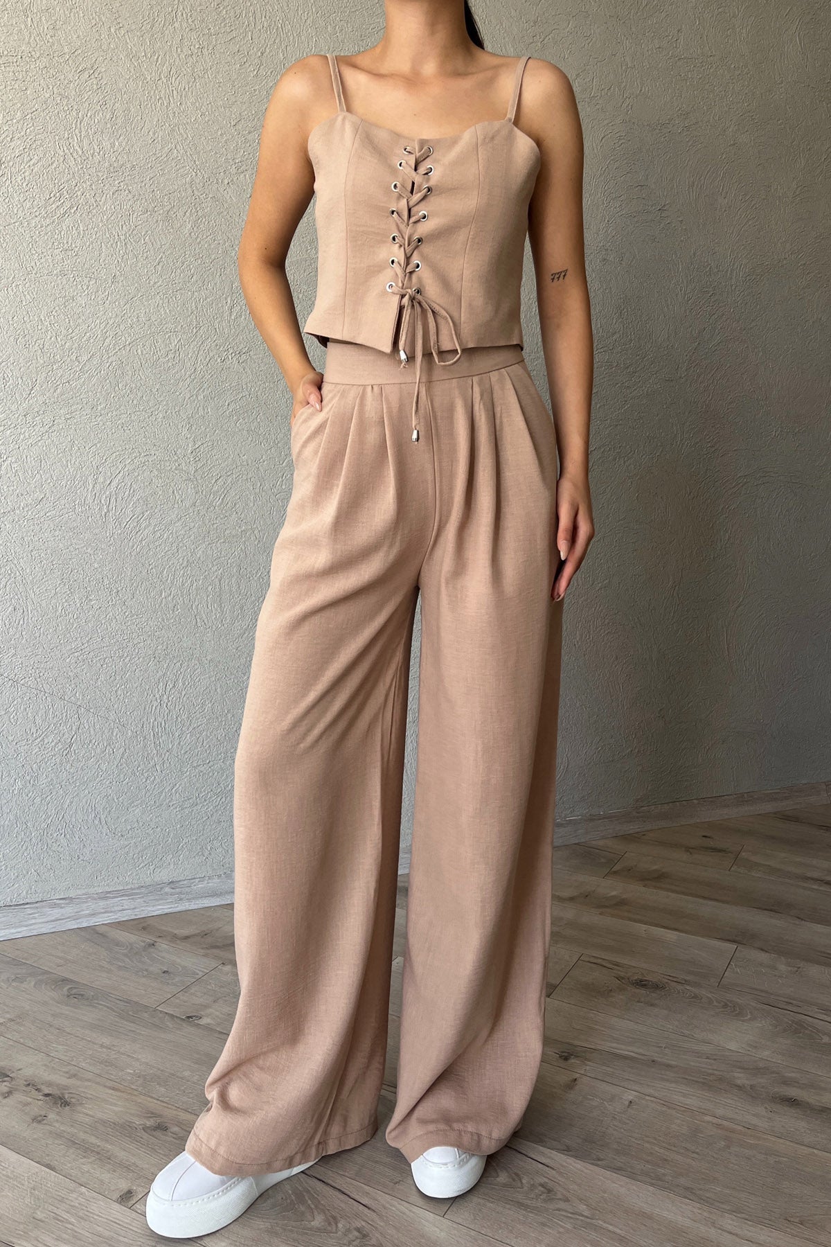 Vizon İnce Askılı İp Bağlama Detaylı Crop Pantolon Takım SY-2361-Vizon