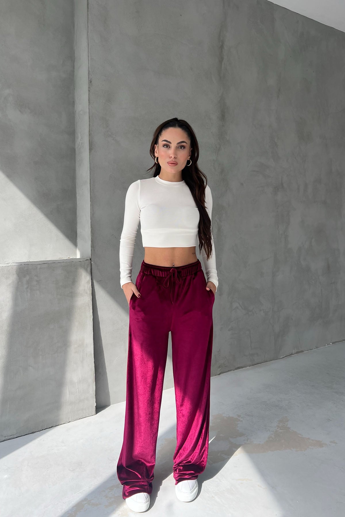 Bordo Paine Kadife Beli Lastikli Pantolon SY-2645-Bordo