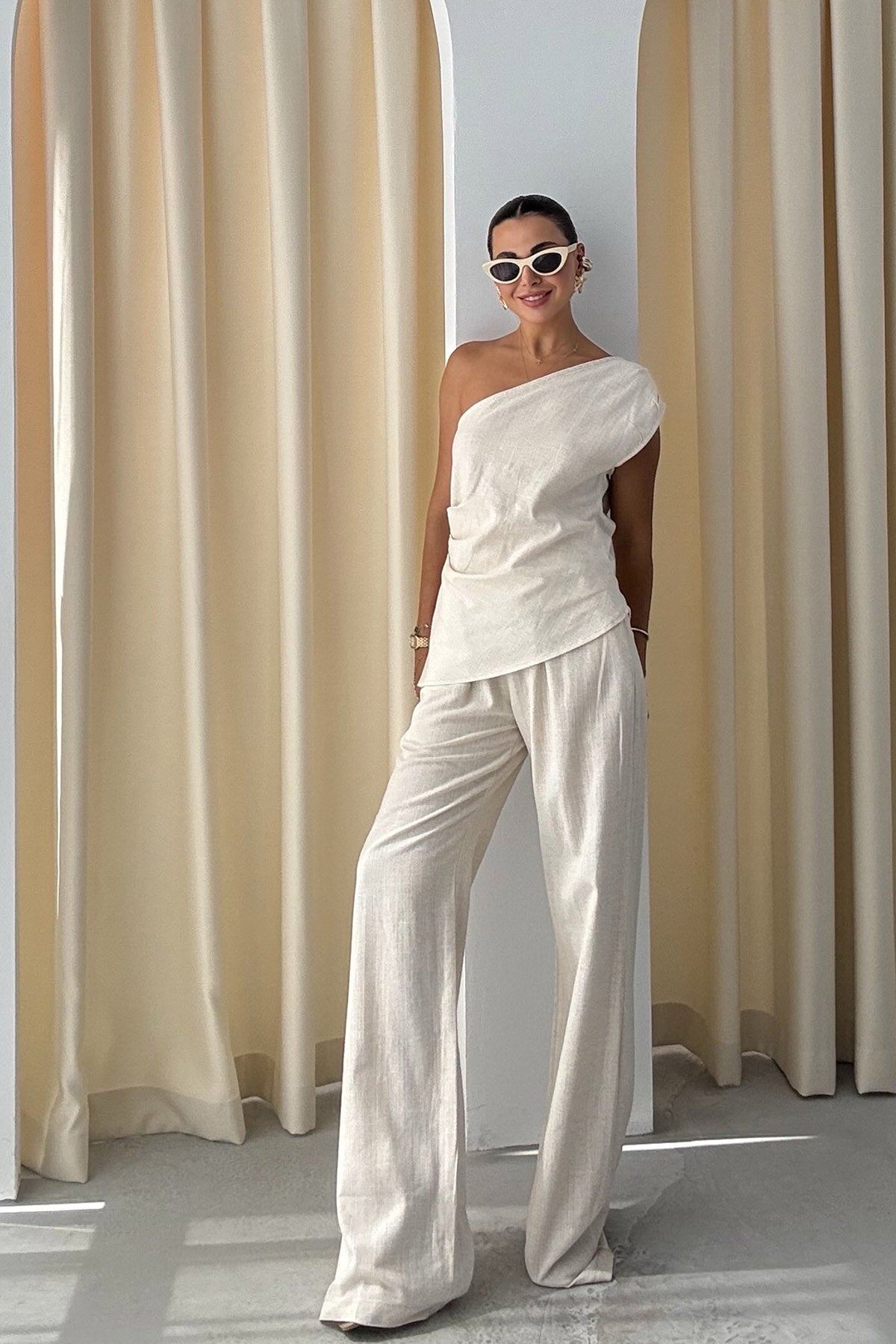 Natural Tek Kol Bluz ve Pantolon Takım SY-3262-Natural