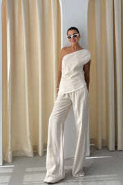 Natural Tek Kol Bluz ve Pantolon Takım SY-3262-Natural