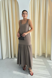 Kahve Askılı Maxi Keten Elbise SY-3134-Kahve