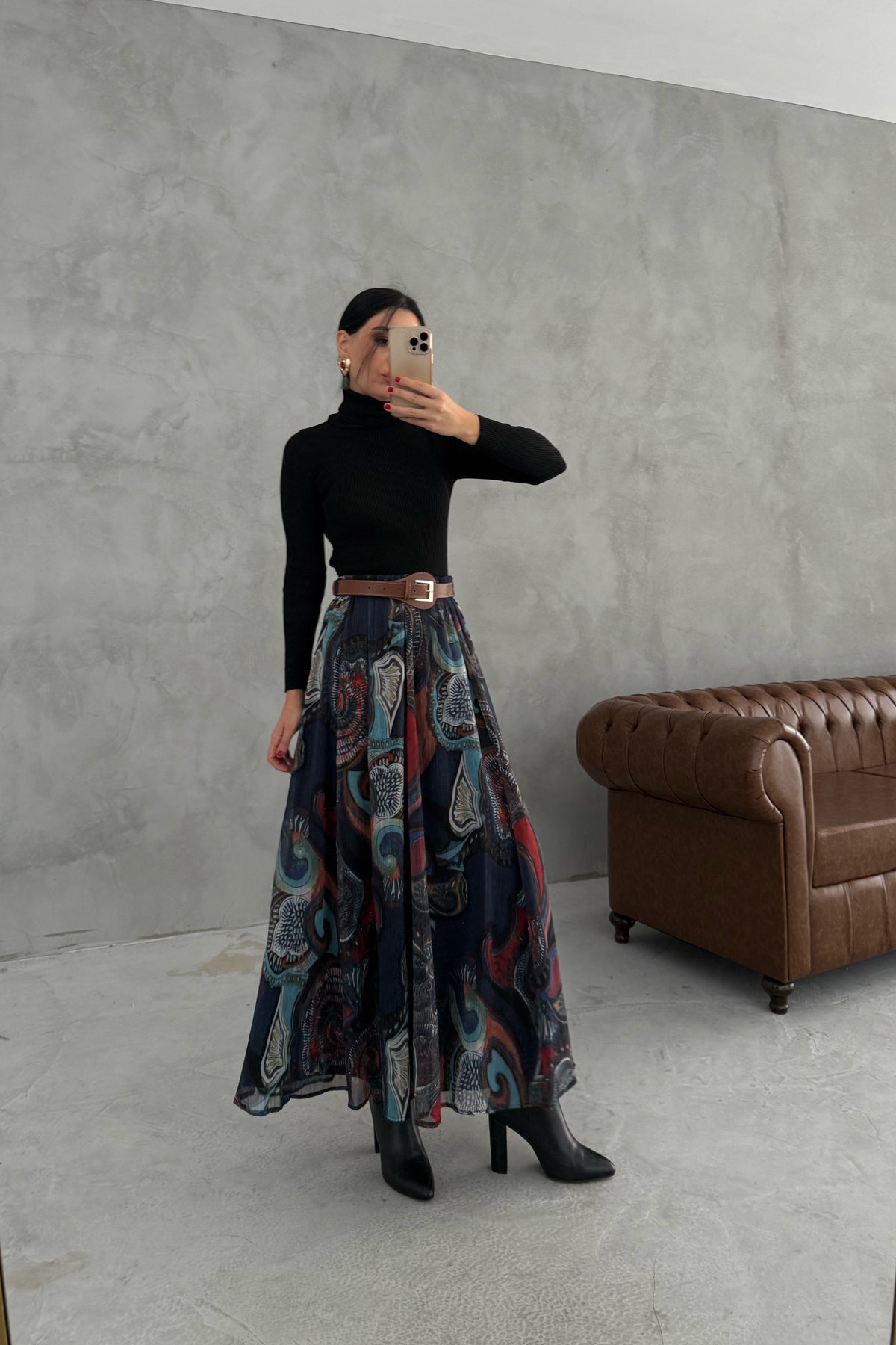 Lacivert Kemerli Metalik ipli Baskılı Etek SY-3478-Lacivert