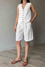 Beyaz Krep Yelek Bermuda Şort Takım SY-1998-Beyaz