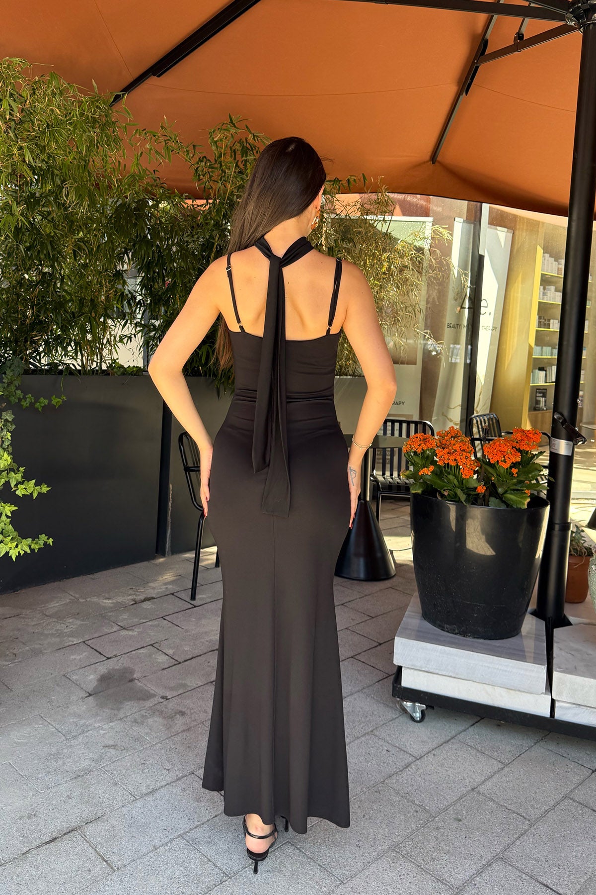 Siyah Gold Kuşaklı Midi Elbise SY-3332-Siyah