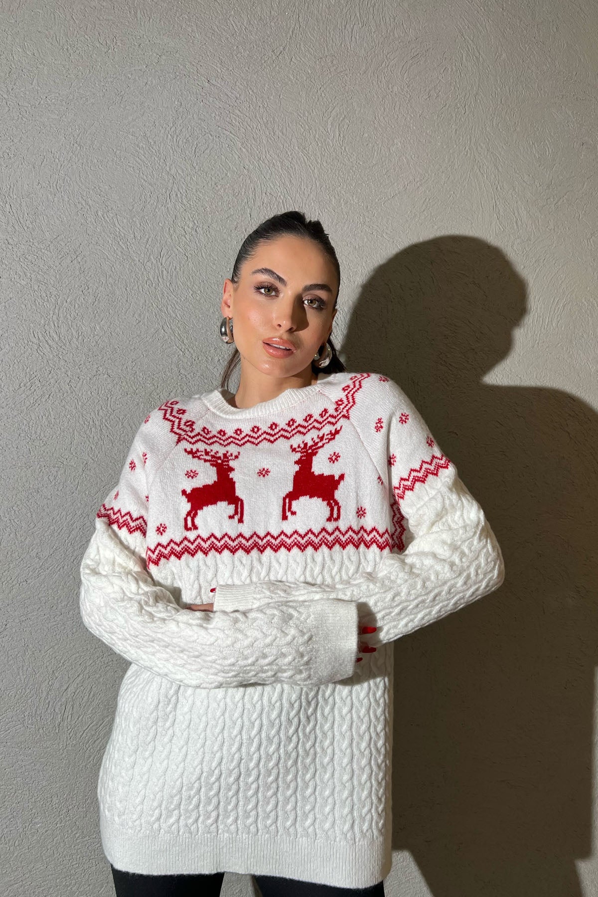 Ekru Bisiklet Yaka Örgü Triko Kazak SY-1406-Ekru