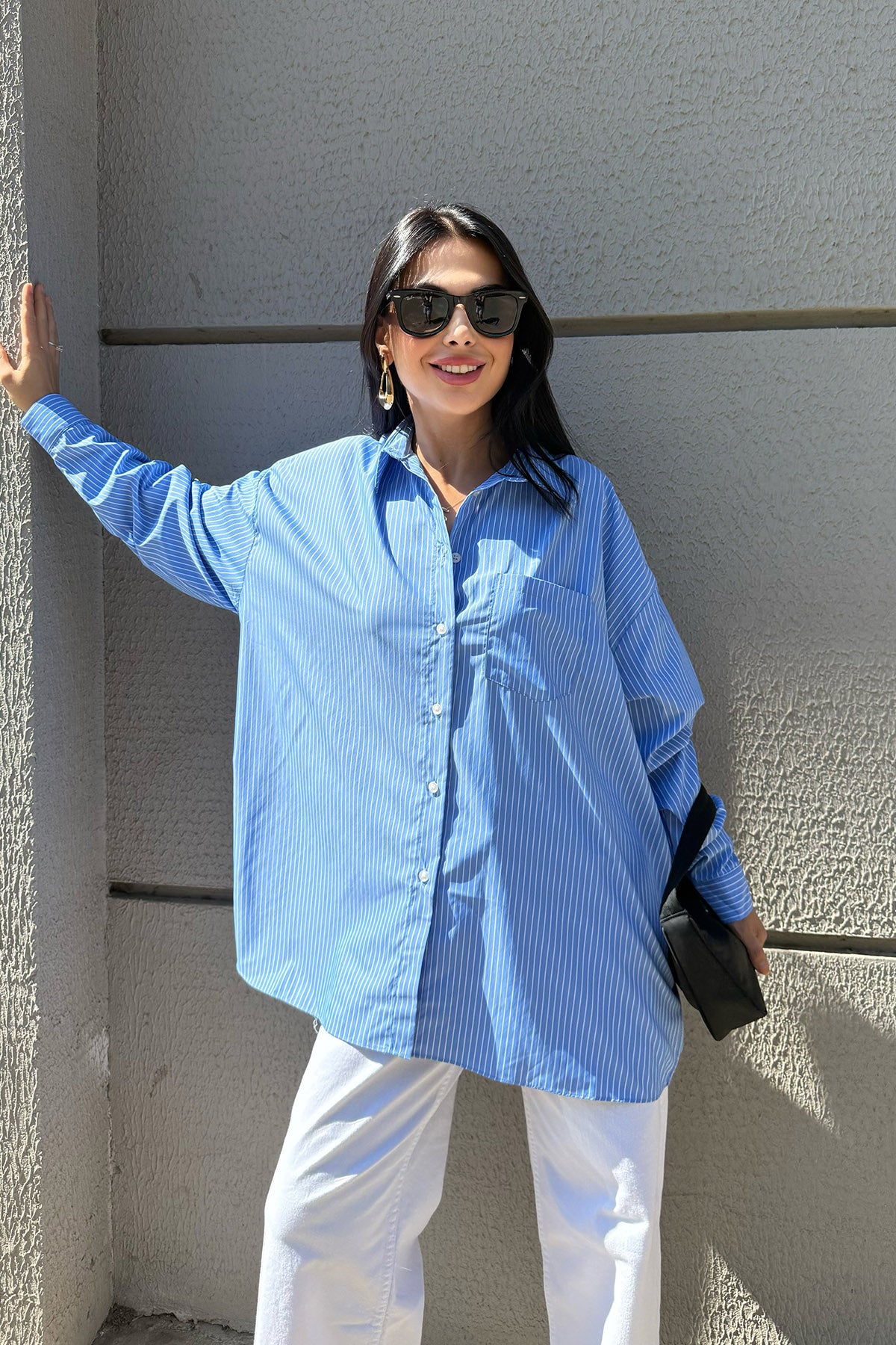 Mavi Çizgili Sırt Baskılı Uzun Kol Gömlek SY-3320-Mavi