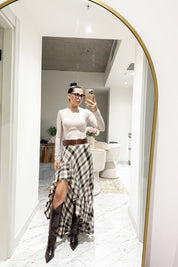 Kahverengi Ekoseli Asimetrik Fırfırlı Midi Etek SY-3483-Kahverengi