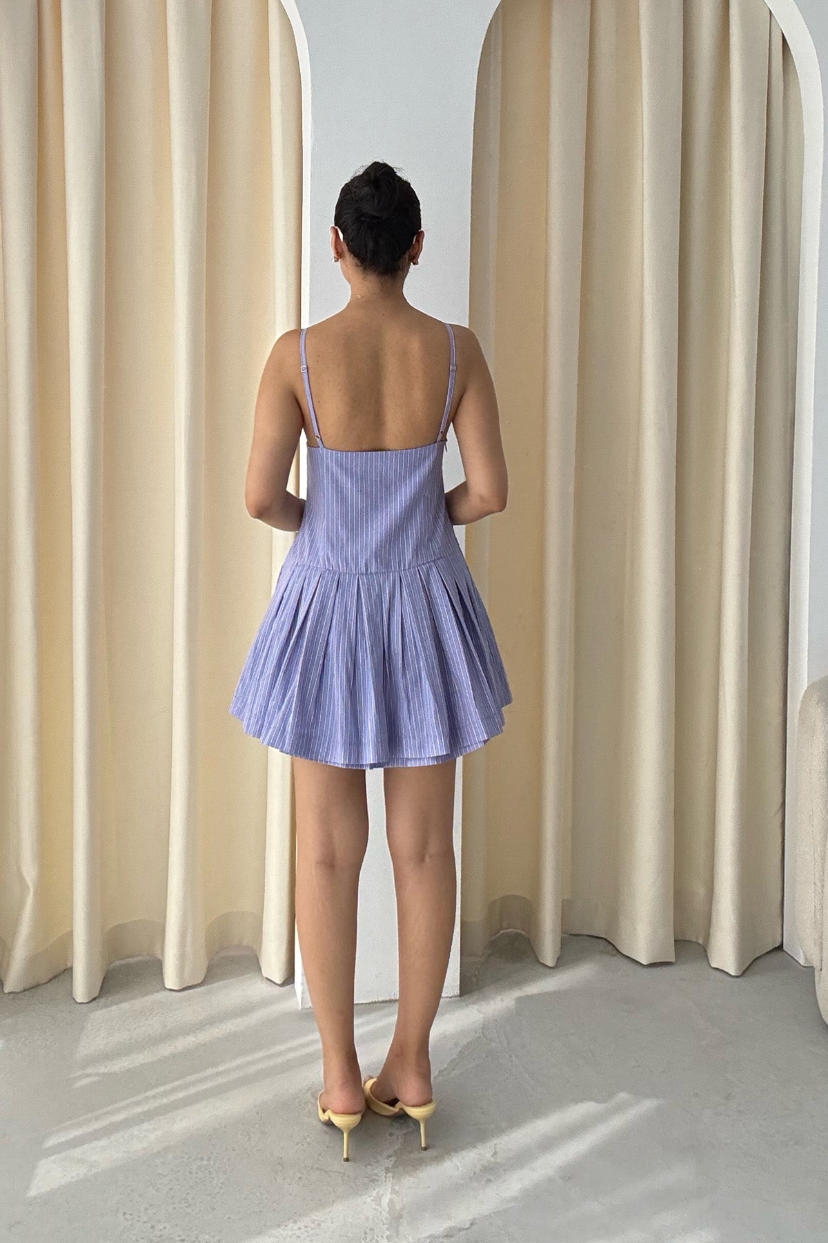 Mavi Fiyonk Detaylı Çizgili Askılı Mini Elbise SY-3253-Mavi