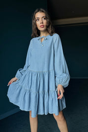 Buz Mavisi Bağcık Detaylı Denim Elbise SY-0335-Buz Mavisi