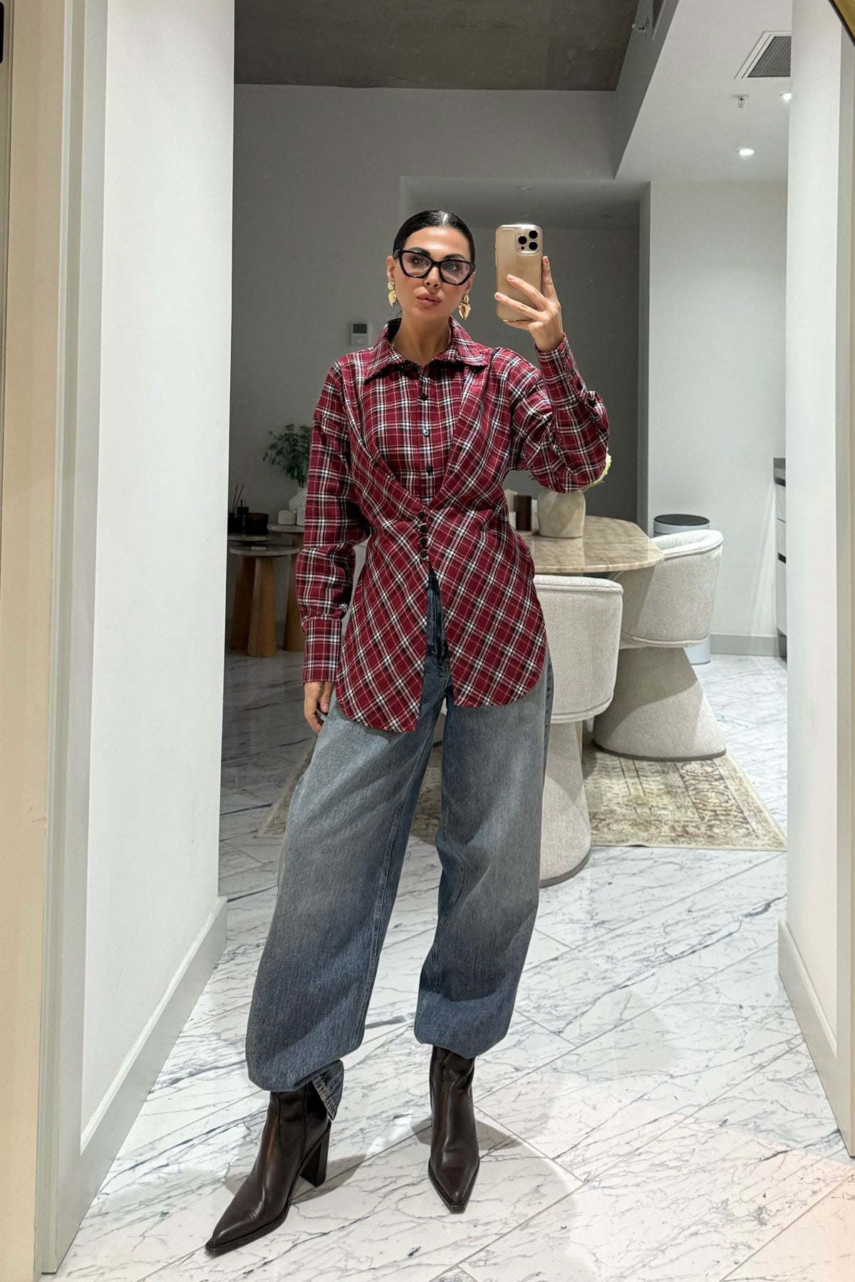 Kırmızı Asimetrik Kesim Ekose Gömlek SY-3512-Kırmızı