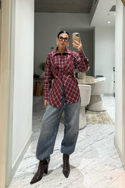 Kırmızı Asimetrik Kesim Ekose Gömlek SY-3512-Kırmızı