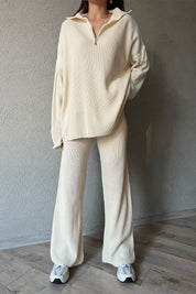 Krem Fermuarlı Fitilli Oversize Kazak ve Pantolon Takımı SY-1257-Krem
