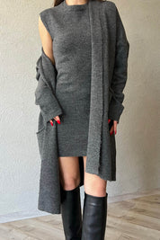 Antrasit  Şal Yaka Hırka ve Elbise Triko Takım SY-1597-Antrasit