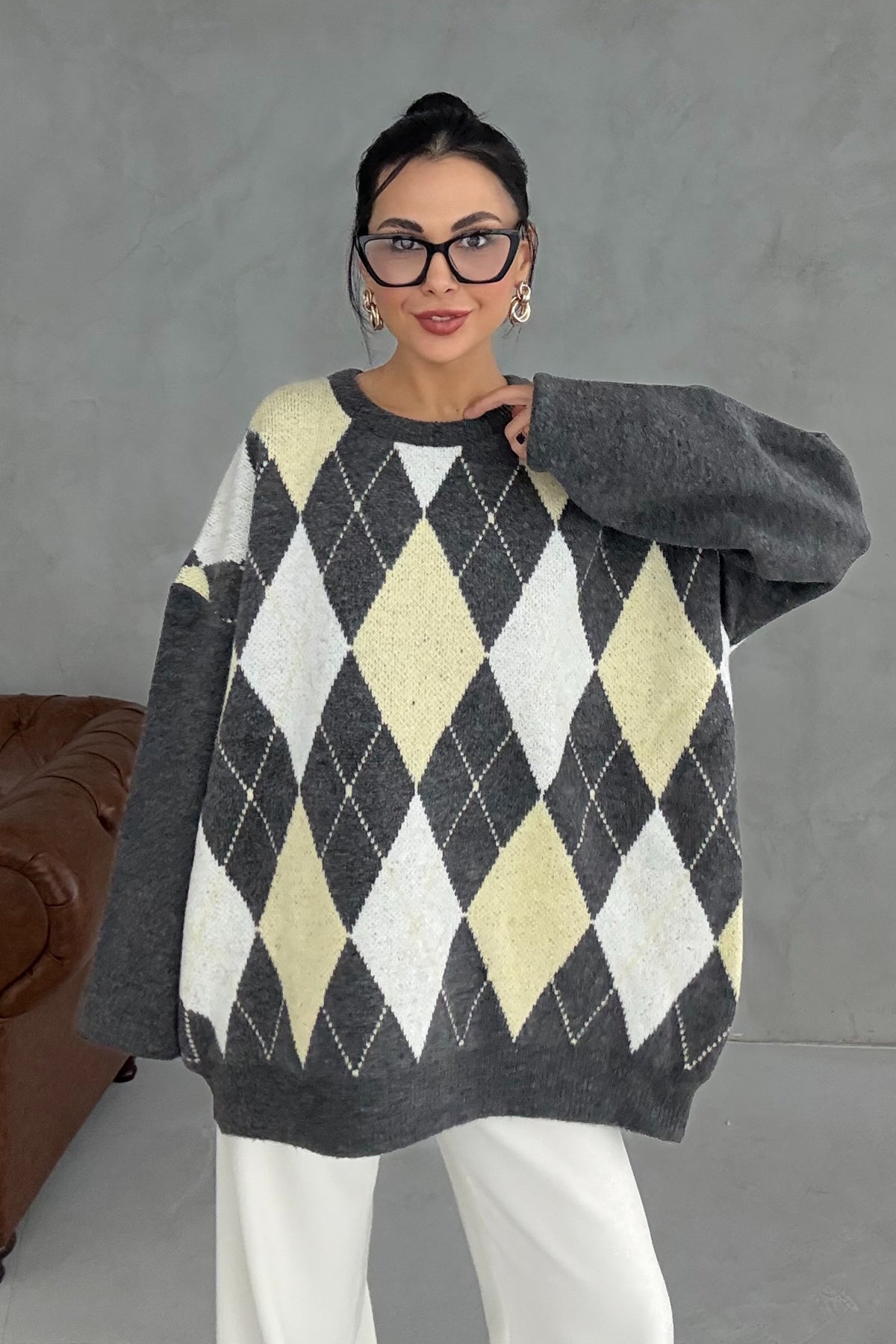 Antrasit ve Sarı Renkli Baklava Desenli Kazak SY-3408-Antrasit