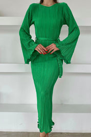 Çimen Yeşili İspanyol Kol Piliseli Kuşaklı Elbise SY-0088-Çimen Yeşili