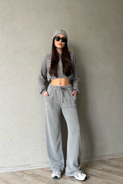 Gri Bol Paça Cep Detaylı Eskitme Eşofman Altı SY-1684-Gri