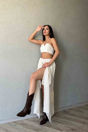 Bej Beli Lastikli Önü İp Detaylı Fırfırlı Etek SY-1937-Bej