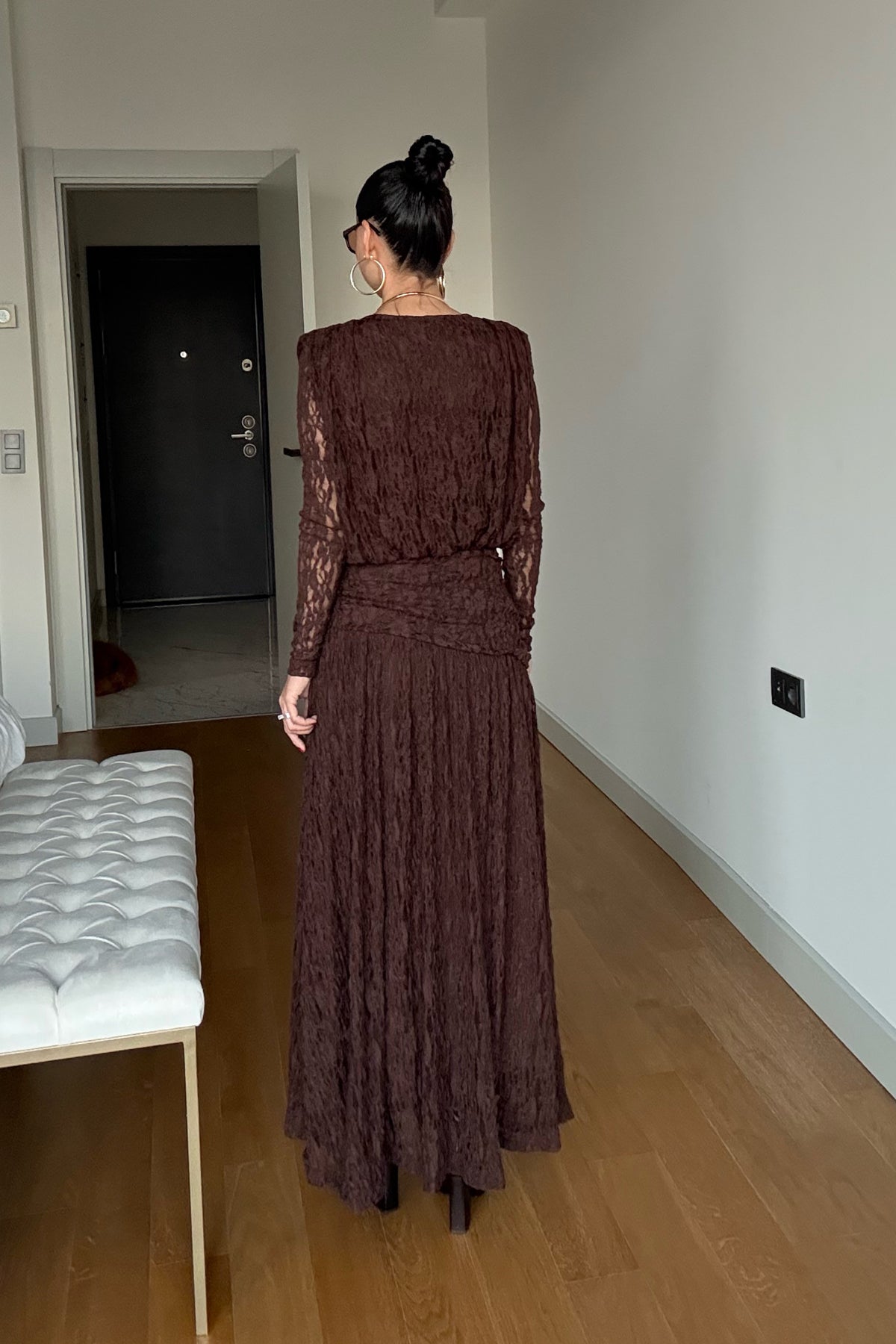 Kahverengi Güpürli Maxi Tasarım Elbise SY-3503-Kahverengi