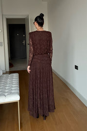 Kahverengi Güpürli Maxi Tasarım Elbise SY-3503-Kahverengi