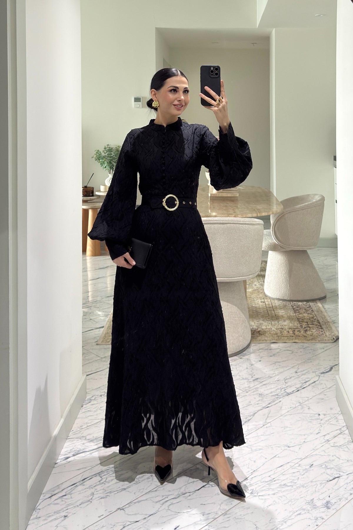 Murhpy Altın Tokalı Kemer Detaylı Jakarlı Elbise SY-2935-Siyah