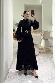 Murhpy Altın Tokalı Kemer Detaylı Jakarlı Elbise SY-2935-Siyah