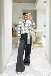 Kendinden Şallı Baklava Desenli Polo Yaka Triko SY-3563-Gri