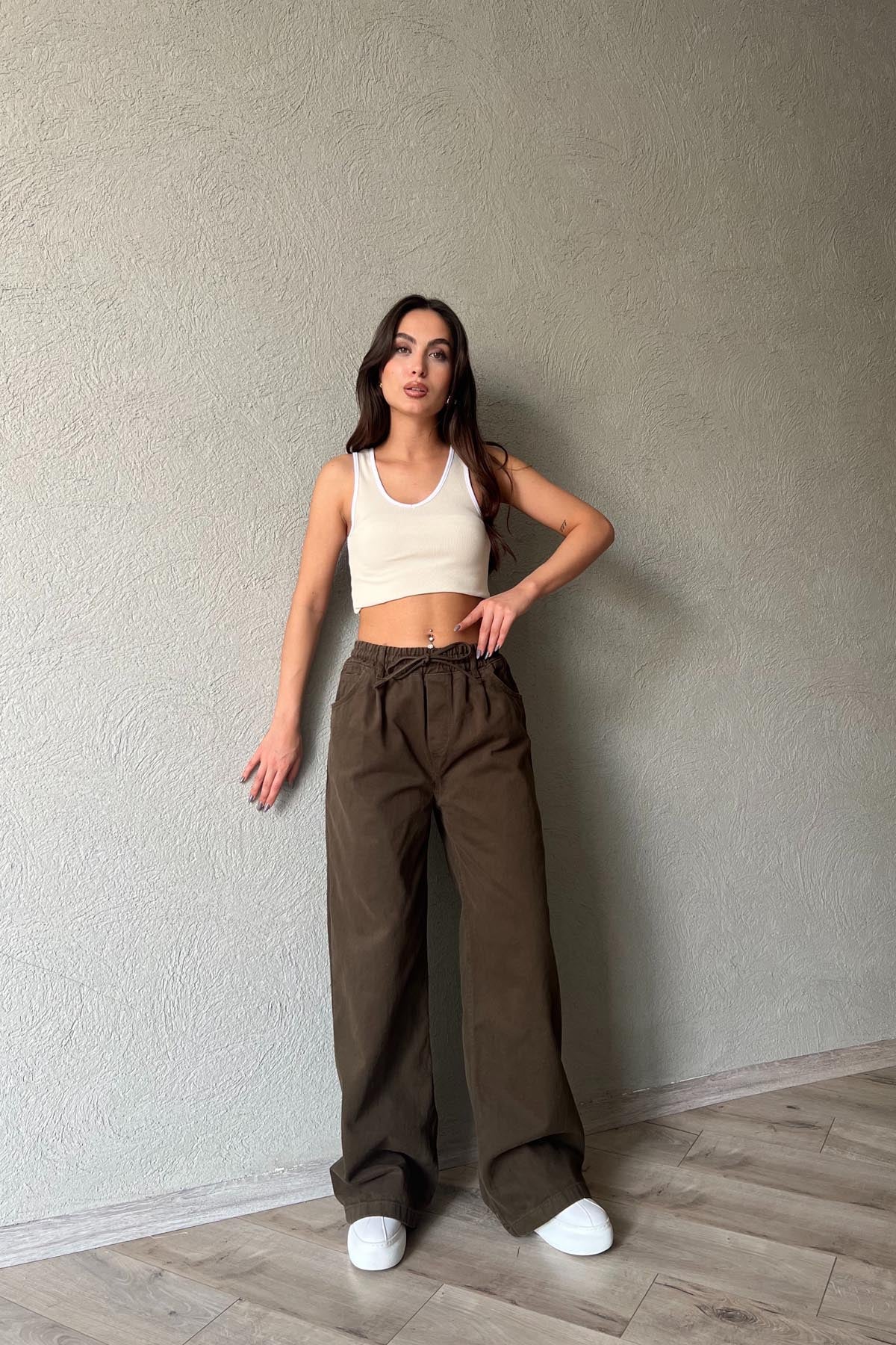 Haki Beli Lastik Detaylı Gabardin Bol Paça Pantolon SY-1916-Haki