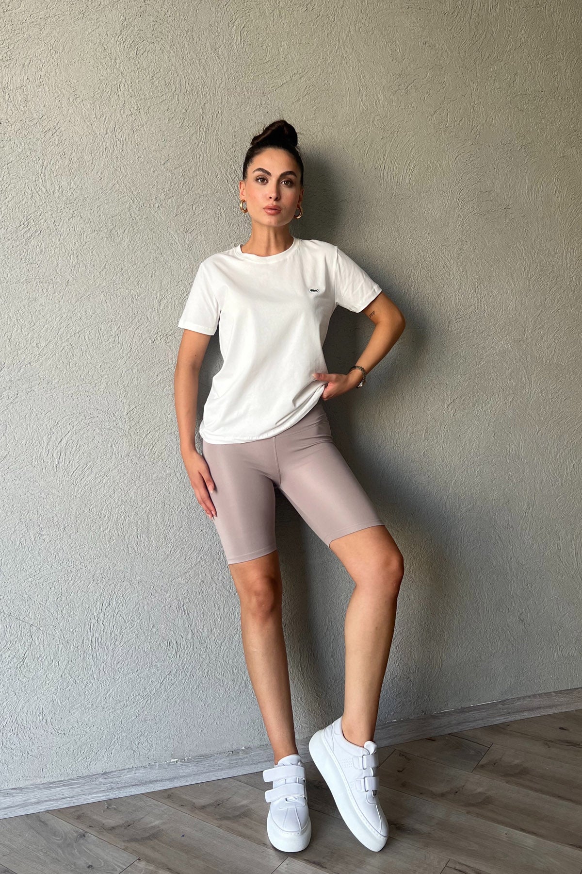 Bej Yüksek Bel Biker Kısa Tayt SY-2017-Bej