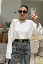 Ekru Bisiklet Yaka Oversize Basic Bluz SY-3899-Ekru