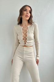 Bej Fitilli Önü Bağcıklı Kazak ve Pantolon Takım SY-0096-Bej