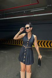 Lacivert Gold Düğmeli Boyundan Bağlamalı Yelek Ve Piliseli Etek Takımı SY-1091-Lacivert