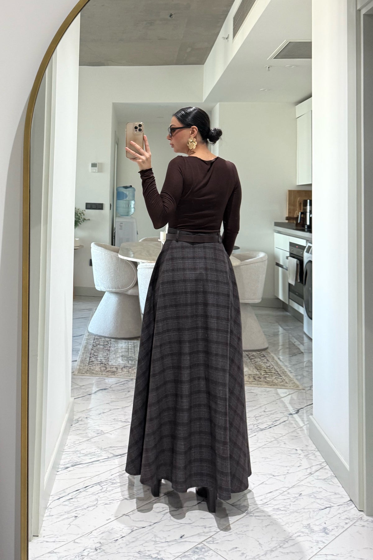 Ekose Desenli Yırtmaç Detaylı Acı Kahve Çizgili Kloş Etek SY-3494-Acı kahve